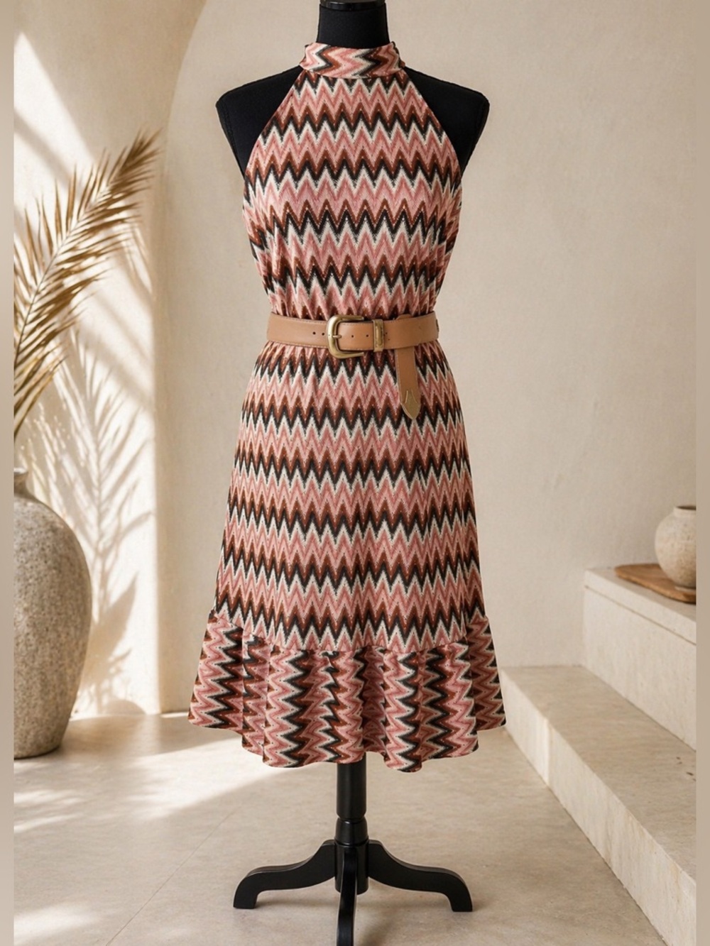 Donna Morgan Chevron Halter Midi Dress Pink Brown Sleeveless Knit Boho Resort